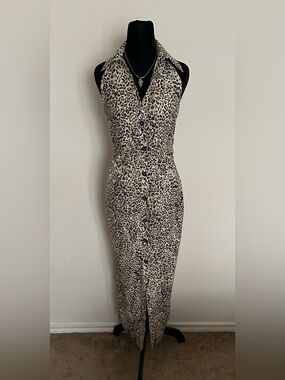 Zara Sleeveless Leopard-Print Collared Midi Dress in Beige and Black Size M NWOT